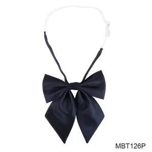 Japanese JK uniform bow tie, navy blue pleated fabric with adjustable white neck strap.