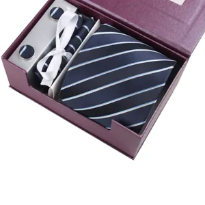 Men's business tie set with cufflinks and pocket square in navy blue stripes gift box