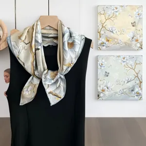 Elegant Chinese style floral print mulberry silk scarf square for women luxury gift.