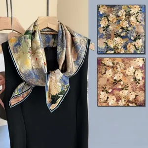Luxury mulberry silk square scarf with vintage oil painting floral print for women fashion.