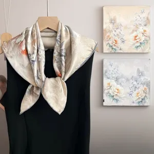 Detail shot of Chinese style printed mulberry silk square scarf, elegant floral pattern design.