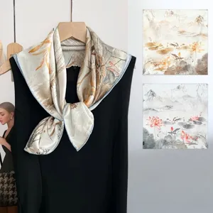 Chinese style printed mulberry silk square scarf elegant lotus landscape design for women fashion shawl