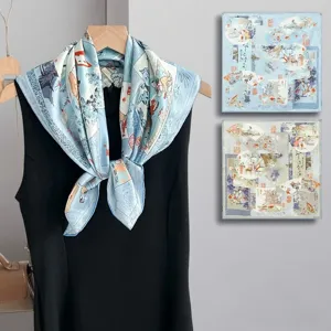 Chinese style printed mulberry silk square scarf, traditional art design, elegant shawl wrap.