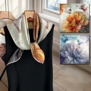 Exquisite floral butterfly print silk square scarf, vintage design, elegant accessory detail.