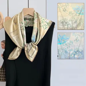 Elegant Chinese style printed silk square scarf for women luxury shawl and elegant neck wrap.