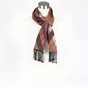 Brown argyle pattern woven tassel scarf for women, warm winter fashion accessory.