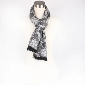 Grey black geometric jacquard scarf women stylish fringed winter long neck wrap shawl