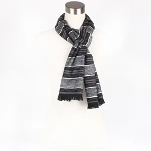 Detailed view of a black and grey knitted scarf with fringe, featuring a classic striped pattern.