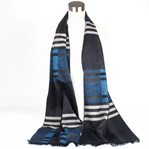 Blue black grey plaid scarf with classic winter stripes and elegant fringe hem detail.