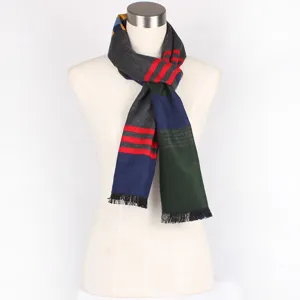 Autumn winter women's fashion long color block striped scarf with fringe, warm and soft neck wrap.