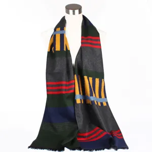Stylish multi-color striped winter scarf for women, warm knit fashion clothing accessory.