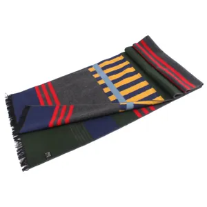 Autumn winter color block knitted scarf with fringe, cozy warm long tassel fashion accessory.
