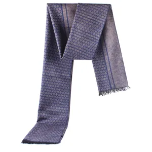 Elegant women's long jacquard silk scarf with diamond pattern and fringed ends, blue.