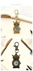 Detailed view of vintage owl quartz pocket watch with keychain hook for students and daily wear.