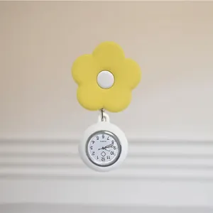 Yellow silicone flower nurse fob watch with retractable reel, cute quartz pocket watch.
