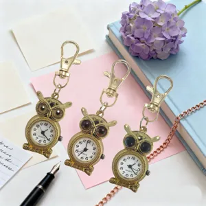 Vintage owl pocket watch quartz keychain cute student gift bronze metal hanging clock detail view