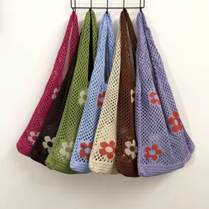 Damen Gestrickte Blumen Hohl Netz Tragetasche Häkeln Blume Umhängetasche Lässige Sommer Strand Handtasche Polyester