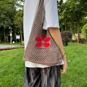 Γυναικεία vintage τσάντα tote με πλεχτό δίχτυ και κόκκινο λουλούδι, casual τσάντα ώμου.