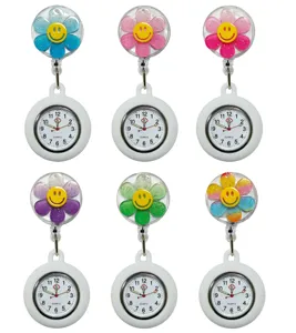 Cute smiley flower nurse fob watch with silicone retractable clip, quartz medical pocket watch.