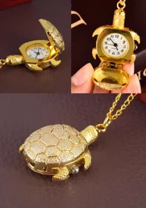 Cute gold turtle pocket watch necklace, flip cover vintage quartz pendant watch for women and kids