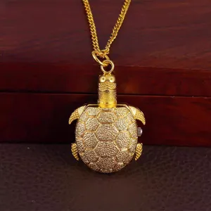 Gold turtle pendant pocket watch necklace, cute animal design quartz timepiece for students.