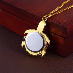 Cute gold turtle pocket watch necklace, vintage animal pendant design for kids and students.