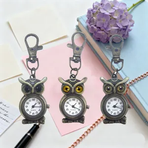 Vintage bronze owl pocket watch keychain cute quartz student gift accessories.