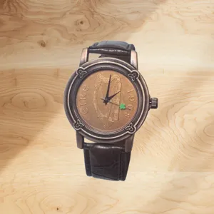 Vintage embossed dial men watch with coin design leather strap and retro bronze case detail view