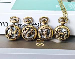 Vintage bronze Chinese zodiac pocket watch set featuring hollow carved animal relief designs.