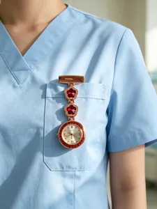 Rose gold nurse fob watch with red flower crystal rhinestones, pocket clip design for medical staff.