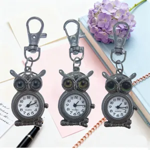 Cute owl pocket watch with keychain hook quartz movement vintage style student gift