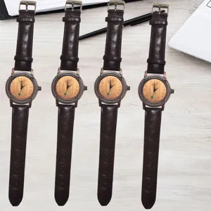 Vintage men's watch with brown leather strap and embossed harp dial, classic retro style.