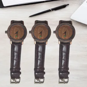 Vintage relief dial men's quartz watch featuring brown leather strap and classic design.