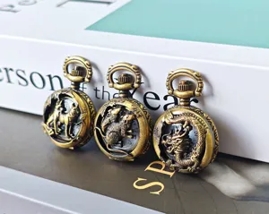 Antique bronze zodiac pocket watches featuring delicate hollow-carved animal motifs for gifts.