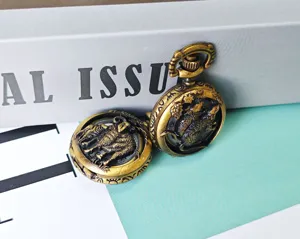 Vintage bronze zodiac pocket watch with hollow carved animal design, retro flip cover gift.