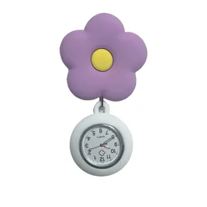 Cute purple flower silicone nurse fob watch with clear quartz dial for medical staff and students.