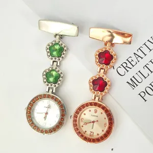 Fashion Rhinestone Nurse Watch Crystal Flower Quartz Fob Pocket Watch With Brooch Pin For Medical Staff Women Jewelry