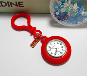 Red silicone nurse fob watch with exam pass charm, portable quartz watch for students.