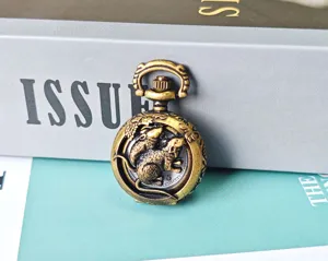 Bronze vintage zodiac rat pocket watch detail close up, intricate hollow carved design metal charm.