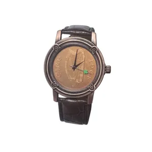 Vintage relief dial men's watch with brown leather strap, retro harp coin design quartz.