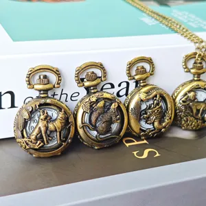 Vintage Hollow Carved Chinese Zodiac Pocket Watch Retro Bronze Quartz Pocket Watches With Chain Holiday Gifts