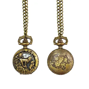 Vintage bronze pocket watch with chain, intricate zodiac animal hollow carved design for gifts.