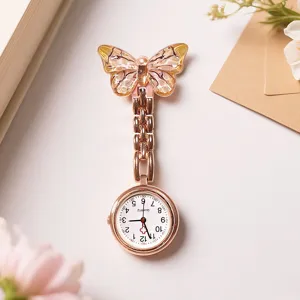 Crystal gradient butterfly nurse watch detail view, stylish quartz pocket watch for daily use.