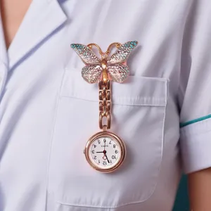 Rose gold gradient butterfly nurse pocket watch, stylish quartz fob watch for medical staff.