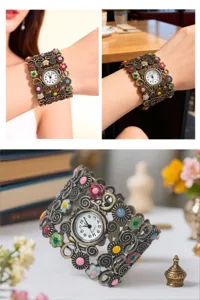 Vintage ethnic style wide bracelet watch with colorful flower enamel decor and quartz movement.