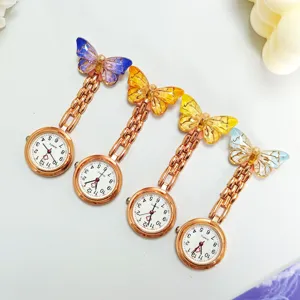 Colorful gradient butterfly nurse pocket watch with quartz dial, elegant medical brooch.