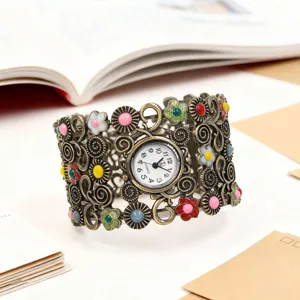 Vintage ethnic hollow cuff watch with colorful enamel flowers, stylish bracelet watch.