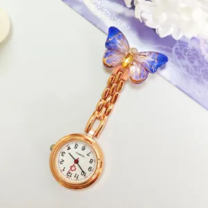 Gradient crystal butterfly nurse watch with rose gold chain, cute quartz fob watch for medical use.
