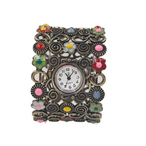 Vintage retro ethnic style wide cuff watch with colorful enamel flowers quartz watch.