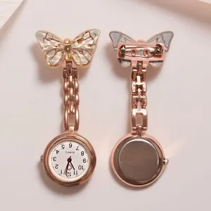 Crystal Gradient Butterfly Nurse Watch Quartz Pocket Watch Women Student Cute Medical Brooch Lapel Watch Jewelry